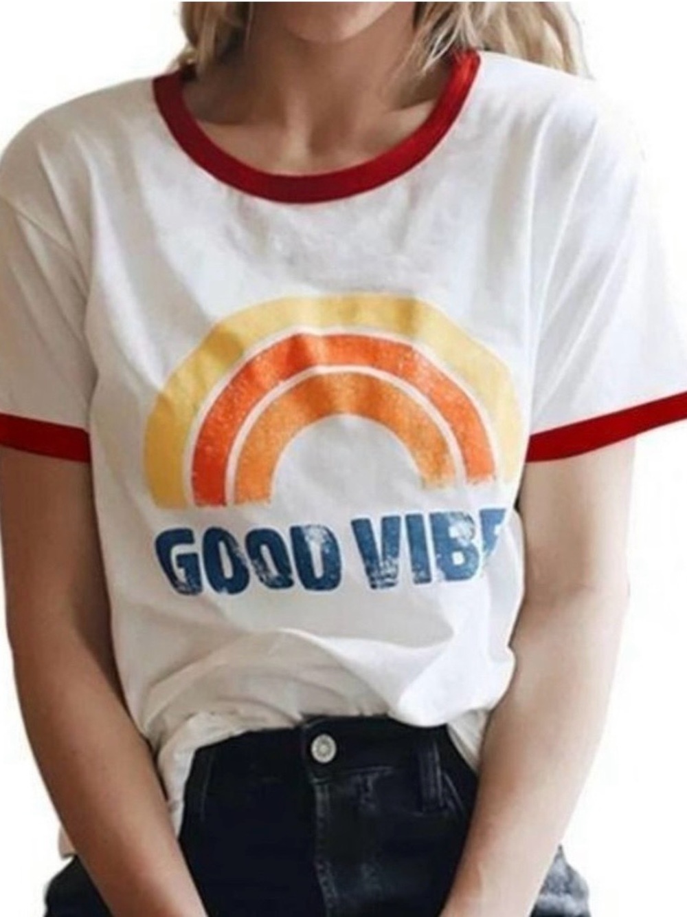 Good Vibes White Graphic Tee with Red Trim